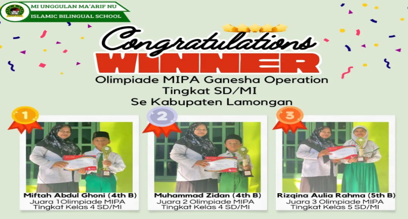 Peserta Didik MI Unggulan Ma'arif NU Lamongan Raih Juara di Olimpiade MIPA Ganesha Operation Tingkat SD/MI se-Kabupaten Lamongan